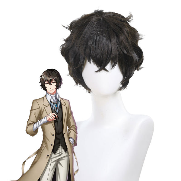 PWEINCY Cosplay-Perücke Für BSD Dazai Osamu – Kurzes Lockiges Dunkelbraunes Haar, Inklusive Haarnetz