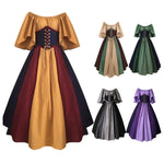 European Medieval Retro Contrast Color Waist Long Swing Dress Cosplay Costumes