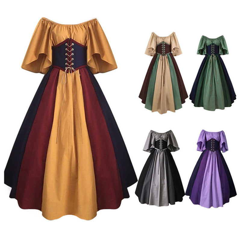 European Medieval Retro Contrast Color Waist Long Swing Dress Cosplay Costumes