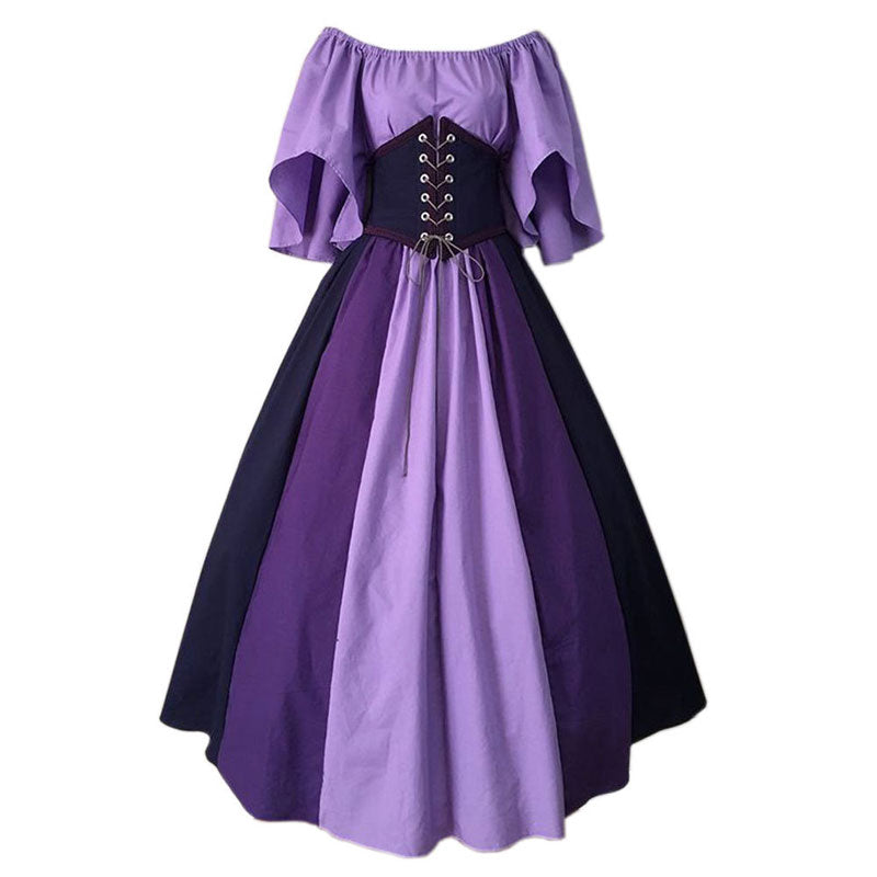 European Medieval Retro Contrast Color Waist Long Swing Dress Cosplay Costumes