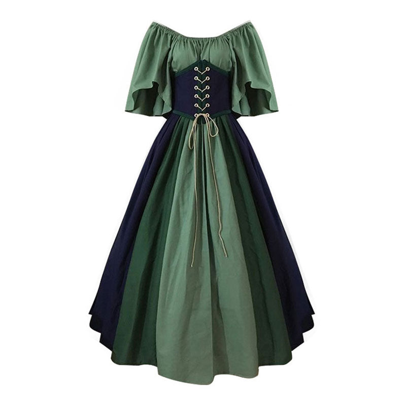 European Medieval Retro Contrast Color Waist Long Swing Dress Cosplay Costumes