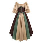 European Medieval Retro Contrast Color Waist Long Swing Dress Cosplay Costumes