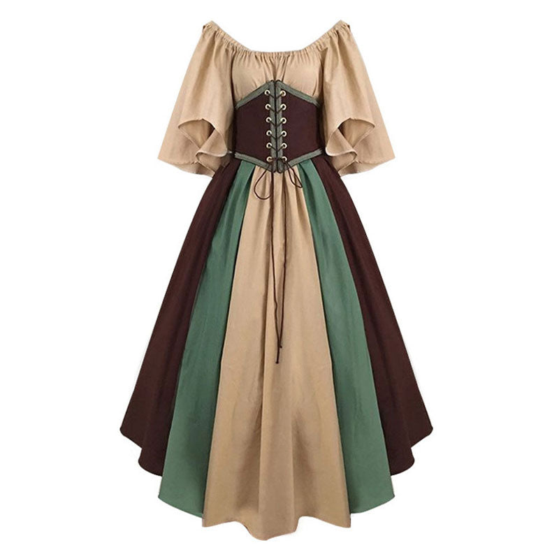 European Medieval Retro Contrast Color Waist Long Swing Dress Cosplay Costumes