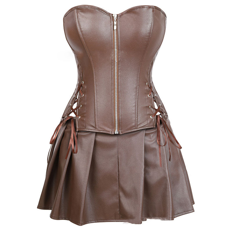 Punk PU Zipper Split Tummy-controlling And Adjustable Palace Corset Halloween Cosplay Costumes
