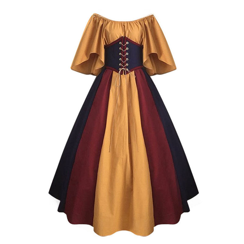 European Medieval Retro Contrast Color Waist Long Swing Dress Cosplay Costumes