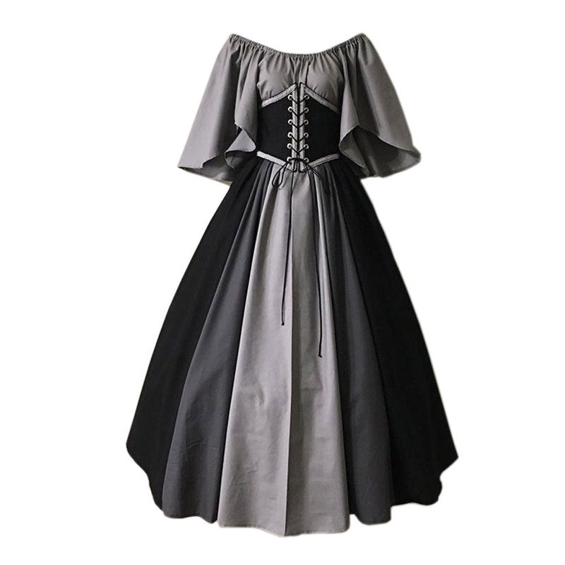European Medieval Retro Contrast Color Waist Long Swing Dress Cosplay Costumes