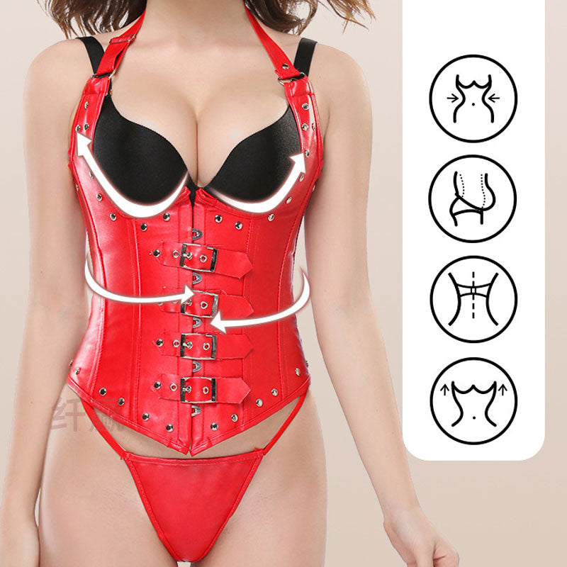 European Palace Gothic Style Outer Wear PU Leather Belly Shaping Garment Corset Cosplay Costumes