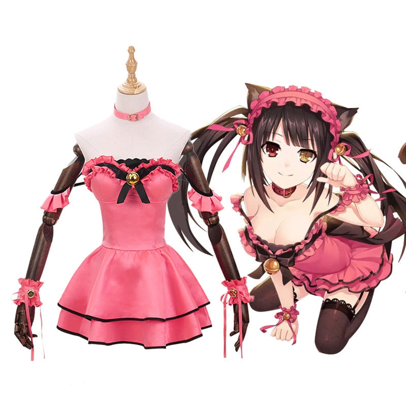 Anime Date A Live Kurumi Tokisaki Pink Cat Maid Dress Cosplay Costume - Cosplay Clans