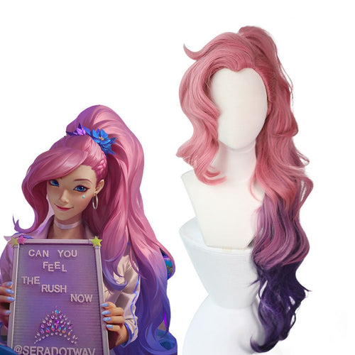 LOL Seraphine Cosplay Wig 100cm Long Ponytail Pink Gradient Purple Wavy Wigs - Cosplay Clans