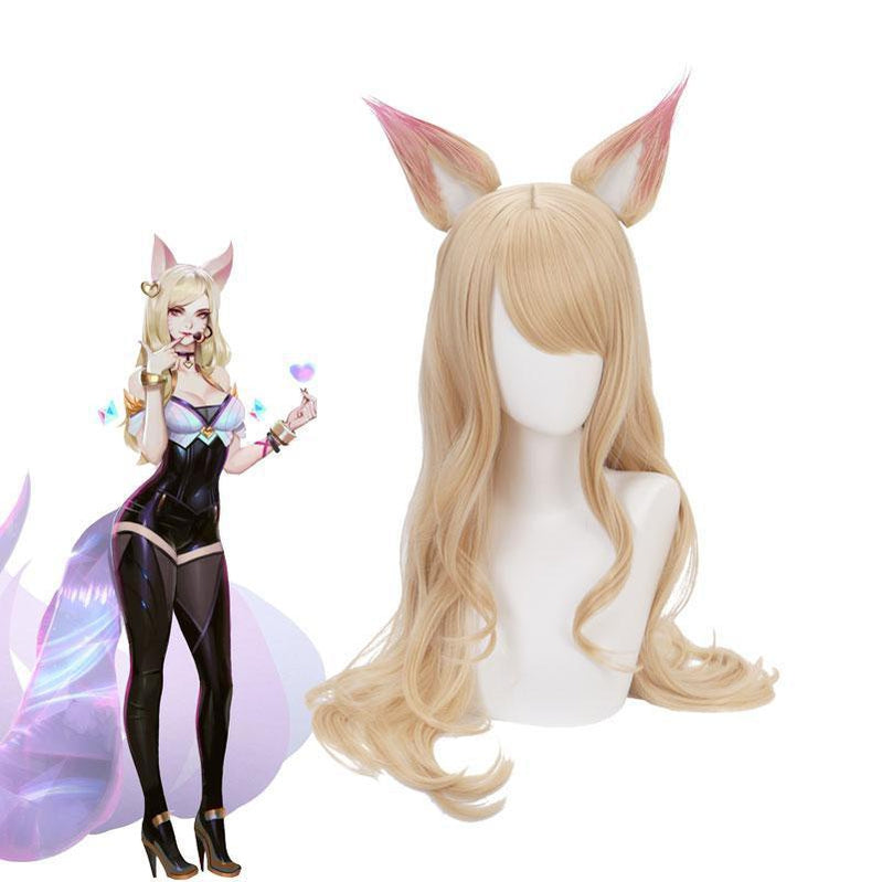 LOL KDA Nine-Tailed Fox Ahri Long Straight Blonde Cosplay Wigs With Ears - Cosplay Clans