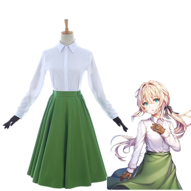 Anime Violet Evergarden Auto Memory Doll Outfits White Blouse Green Dress Gloves Cosplay Costume - Cosplay Clans