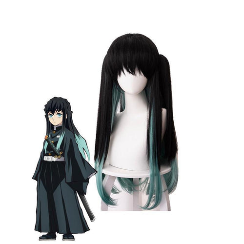 Anime Demon Slayer Tokitou Muichirou Long Straight Green Mixed Black Cosplay Wigs - Cosplay Clans