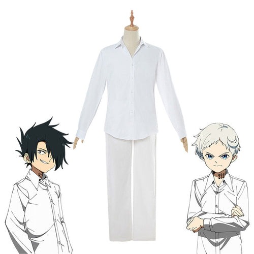 Anime The Promised Neverland Ray and Norman White Shirt Suit Cosplay Costume With Free Tattoo Sticker - Cosplay Clans