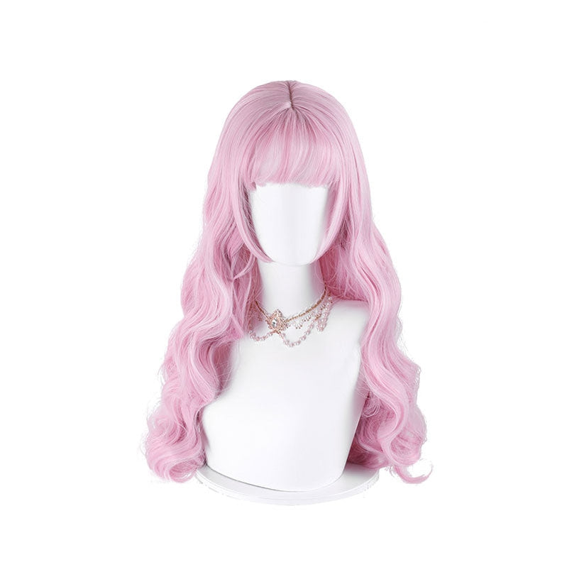 Women Fashion Long Pink Wavy Sweet Bangs Lolita Wigs