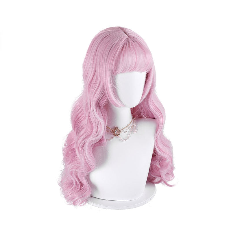 Women Fashion Long Pink Wavy Sweet Bangs Lolita Wigs