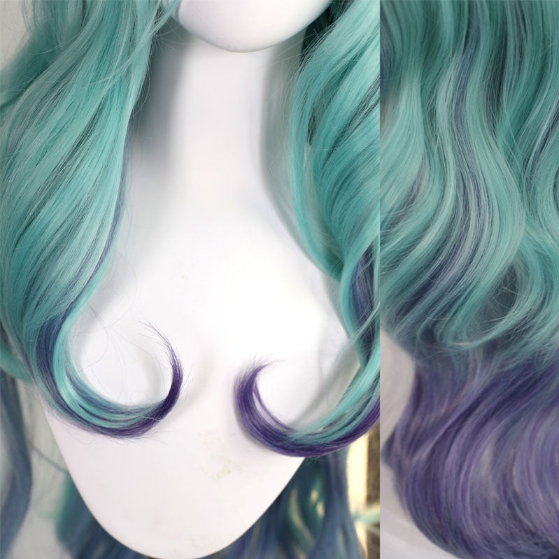 Game LOL KDA All Out Seraphine 100cm Long Green Gradient Purple Wavy Cosplay Wigs - Cosplay Clans