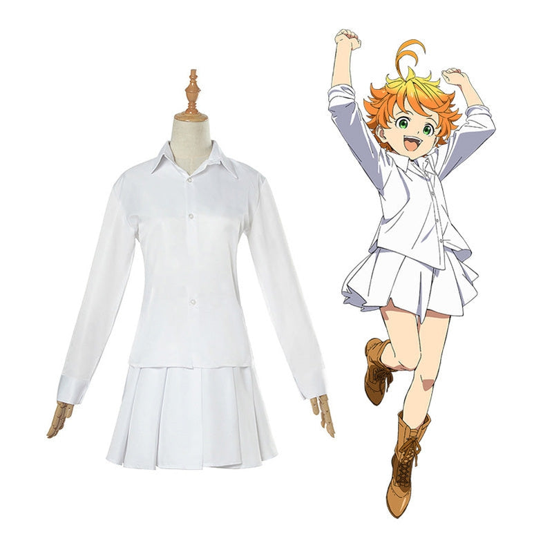 Anime The Promised Neverland Emma White Shirt Skirt Suit Cosplay Costume With Free Tattoo Sticker - Cosplay Clans