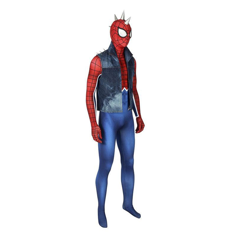 Spider-Man PS4 Peter Parker Spiderman Punk Rock Elastic Force Jumpsuit Cosplay Costume with Headgear and Vest Jacket - Cosplay Clans