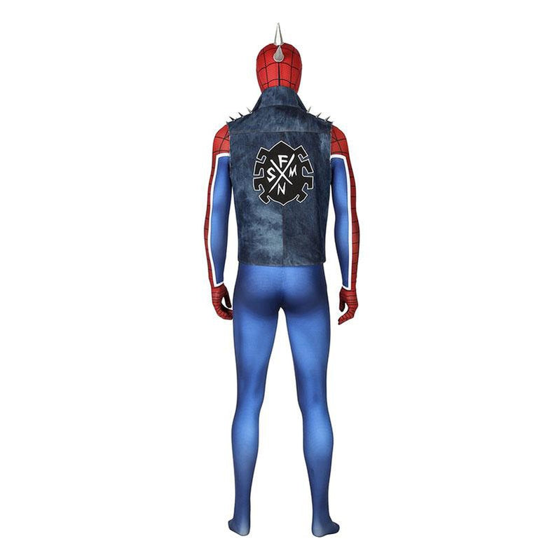 Spider-Man PS4 Peter Parker Spiderman Punk Rock Elastic Force Jumpsuit Cosplay Costume with Headgear and Vest Jacket - Cosplay Clans